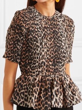 Ganni Silk Leo Smocked Peplum Top